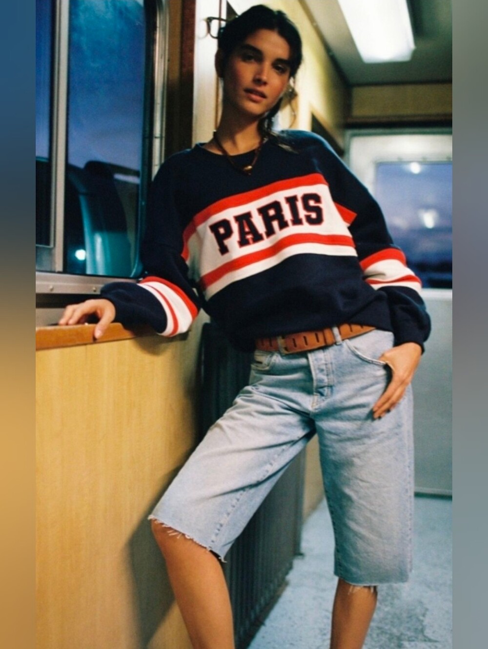 Free People Chaser Varisity Paris Crew Neck Navy/Red Sz Medium Soldout NWT